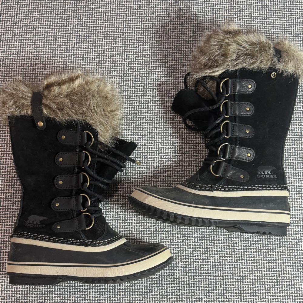 Sorel Joan of Arctic Black Waterproof Winter Snow Boots Faux Fur Trim Womens 9